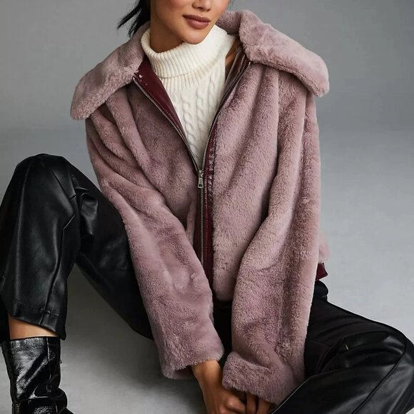 Anthropologie Maeve Purple Faux Fur Jacket with Faux Leather Trim - Picture 4 of 4